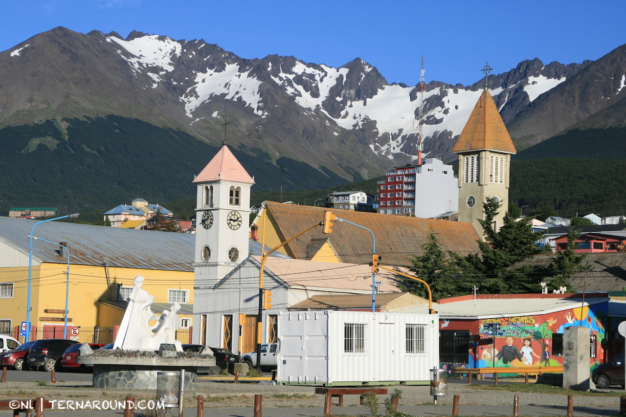 Downtown Ushuaia with glacier Martial in the background